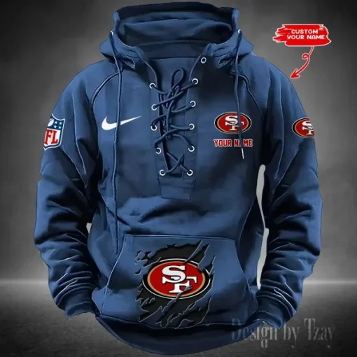 San Francisco 49ers Lace-Up Cross V-Neck Drawstring Hoodie - Image 4