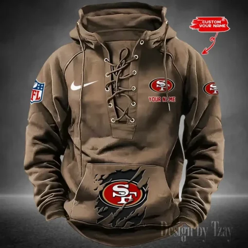 San Francisco 49ers Lace-Up Cross V-Neck Drawstring Hoodie - Image 3