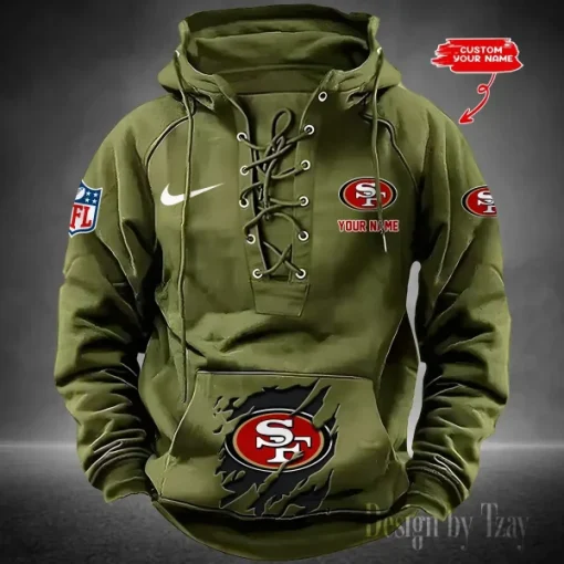 San Francisco 49ers Lace-Up Cross V-Neck Drawstring Hoodie - Image 2