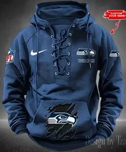 Seattle Seahawks Lace-Up Cross V-Neck Drawstring Hoodie