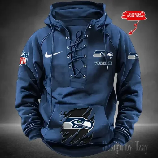 Seattle Seahawks Lace-Up Cross V-Neck Drawstring Hoodie