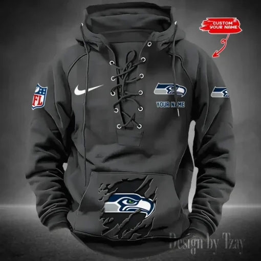 Seattle Seahawks Lace-Up Cross V-Neck Drawstring Hoodie - Image 2