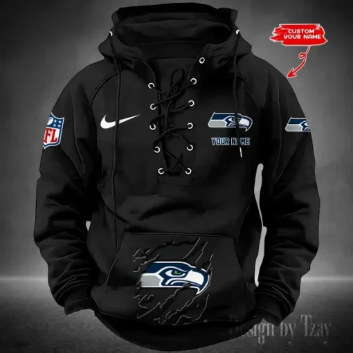 Seattle Seahawks Lace-Up Cross V-Neck Drawstring Hoodie - Image 5