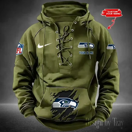 Seattle Seahawks Lace-Up Cross V-Neck Drawstring Hoodie - Image 3