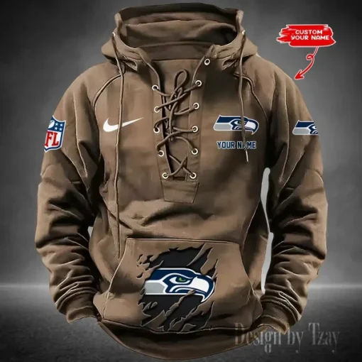 Seattle Seahawks Lace-Up Cross V-Neck Drawstring Hoodie - Image 4
