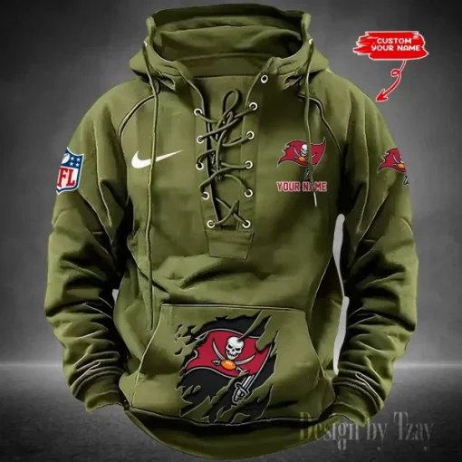 Tampa Bay Buccaneers Lace-Up Cross V-Neck Drawstring Hoodie
