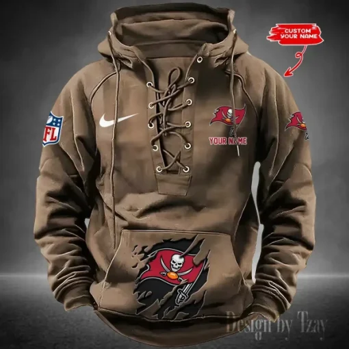 Tampa Bay Buccaneers Lace-Up Cross V-Neck Drawstring Hoodie - Image 2