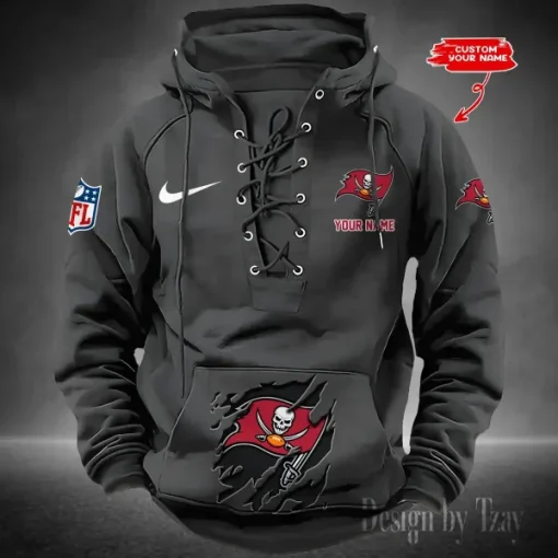 Tampa Bay Buccaneers Lace-Up Cross V-Neck Drawstring Hoodie - Image 4