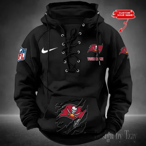 Tampa Bay Buccaneers Lace-Up Cross V-Neck Drawstring Hoodie - Image 5