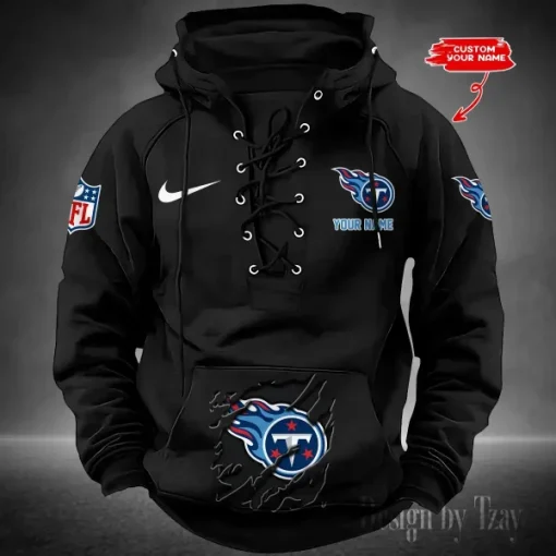 Tennessee Titans Lace-Up Cross V-Neck Drawstring Hoodie - Image 2