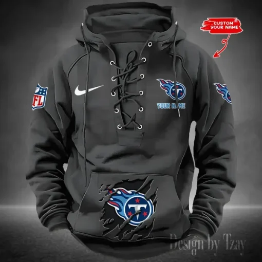 Tennessee Titans Lace-Up Cross V-Neck Drawstring Hoodie - Image 4