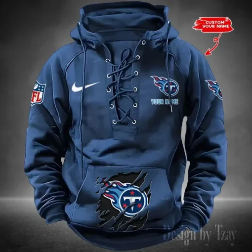 Tennessee Titans Lace-Up Cross V-Neck Drawstring Hoodie - Image 5