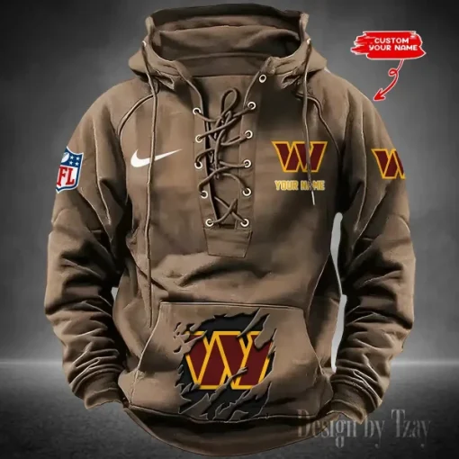Washington Commanders Lace-Up Cross V-Neck Drawstring Hoodie