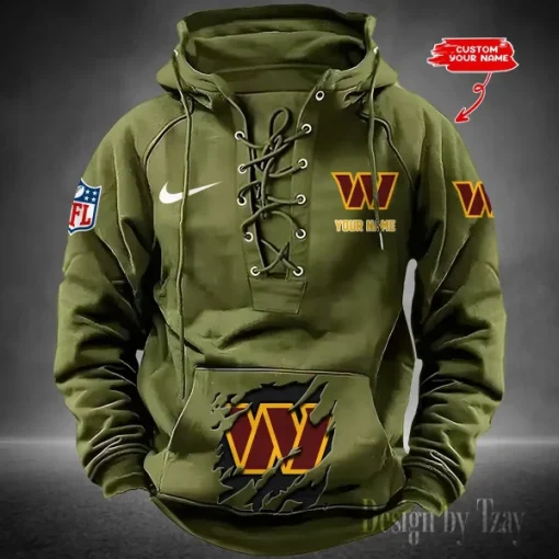 Washington Commanders Lace-Up Cross V-Neck Drawstring Hoodie - Image 2