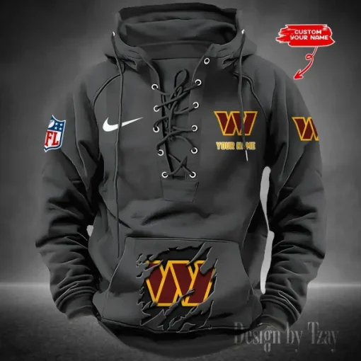 Washington Commanders Lace-Up Cross V-Neck Drawstring Hoodie - Image 3