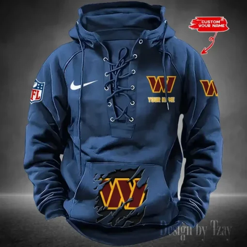 Washington Commanders Lace-Up Cross V-Neck Drawstring Hoodie - Image 4