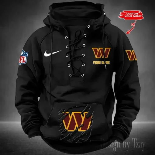 Washington Commanders Lace-Up Cross V-Neck Drawstring Hoodie - Image 5
