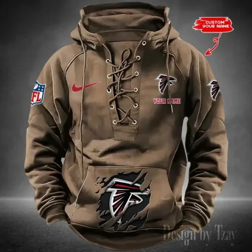 Atlanta Falcons Lace-Up Cross V-Neck Drawstring Hoodie - Image 2