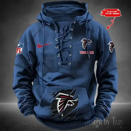Atlanta Falcons Lace-Up Cross V-Neck Drawstring Hoodie - Image 3