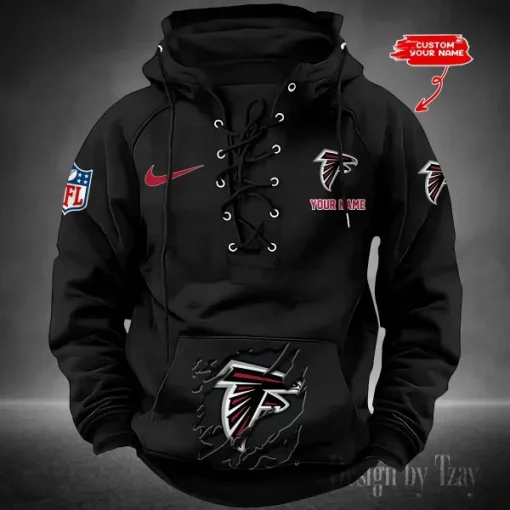 Atlanta Falcons Lace-Up Cross V-Neck Drawstring Hoodie - Image 5