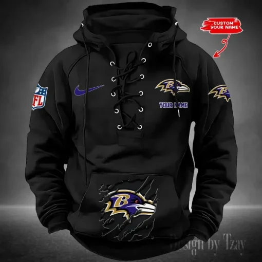 Baltimore Ravens Lace-Up Cross V-Neck Drawstring Hoodie