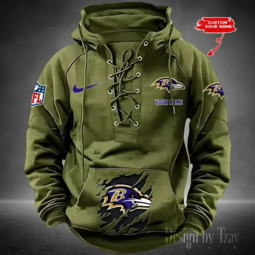 Baltimore Ravens Lace-Up Cross V-Neck Drawstring Hoodie - Image 2