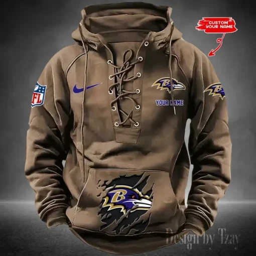 Baltimore Ravens Lace-Up Cross V-Neck Drawstring Hoodie - Image 3