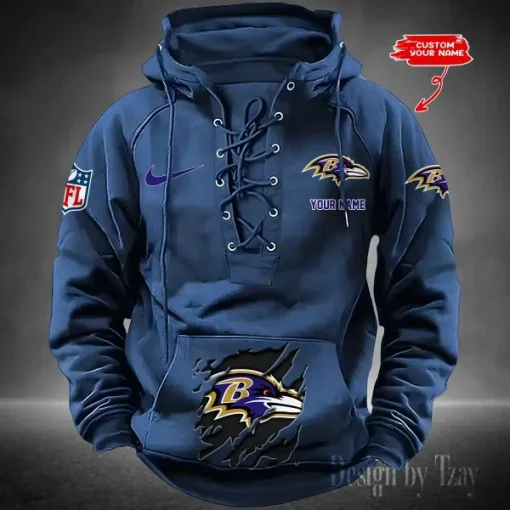 Baltimore Ravens Lace-Up Cross V-Neck Drawstring Hoodie - Image 4