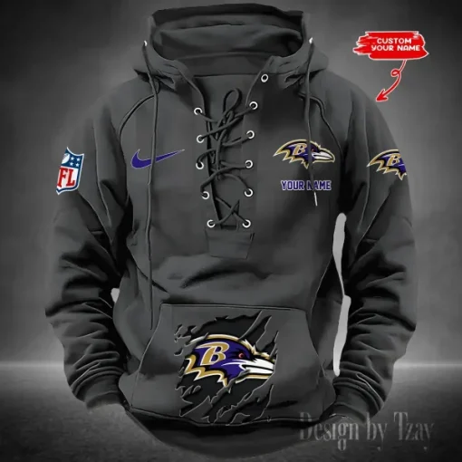 Baltimore Ravens Lace-Up Cross V-Neck Drawstring Hoodie - Image 5