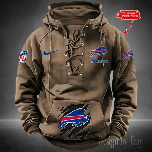 Buffalo Bills Lace-Up Cross V-Neck Drawstring Hoodie - Image 3