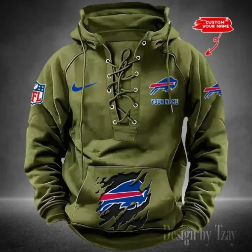 Buffalo Bills Lace-Up Cross V-Neck Drawstring Hoodie - Image 4