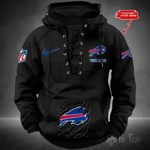 Buffalo Bills Lace-Up Cross V-Neck Drawstring Hoodie - Image 5