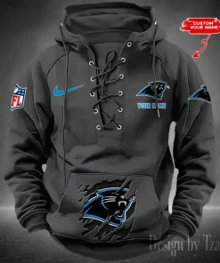 Carolina Panthers Lace-Up Cross V-Neck Drawstring Hoodie