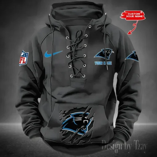 Carolina Panthers Lace-Up Cross V-Neck Drawstring Hoodie