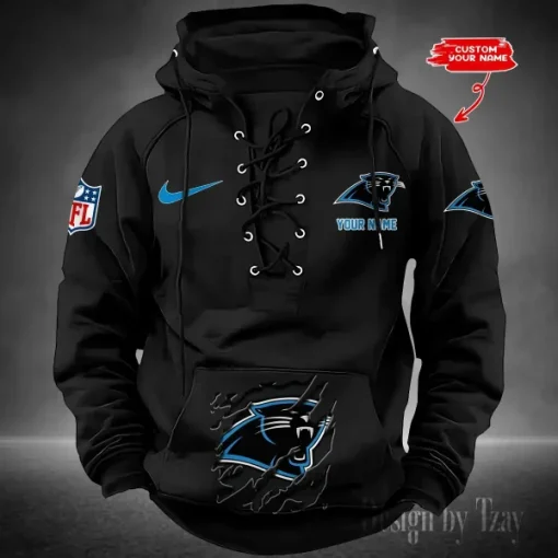 Carolina Panthers Lace-Up Cross V-Neck Drawstring Hoodie - Image 2