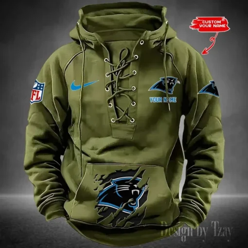 Carolina Panthers Lace-Up Cross V-Neck Drawstring Hoodie - Image 3