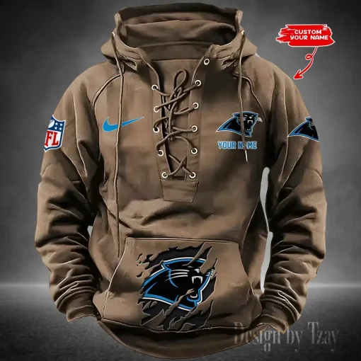 Carolina Panthers Lace-Up Cross V-Neck Drawstring Hoodie - Image 4