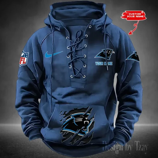 Carolina Panthers Lace-Up Cross V-Neck Drawstring Hoodie - Image 5