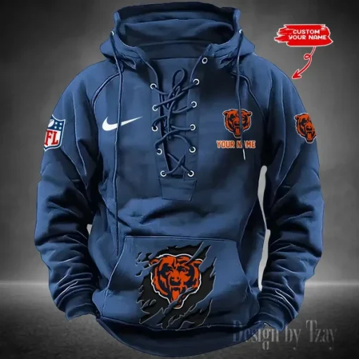Chicago Bears Lace-Up Cross V-Neck Drawstring Hoodie