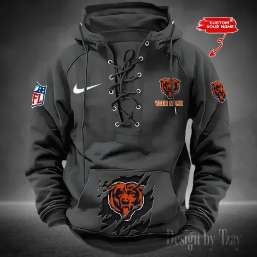Chicago Bears Lace-Up Cross V-Neck Drawstring Hoodie - Image 2