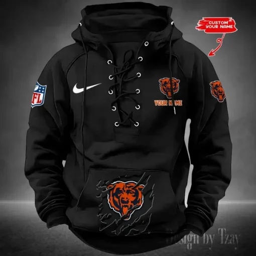 Chicago Bears Lace-Up Cross V-Neck Drawstring Hoodie - Image 3