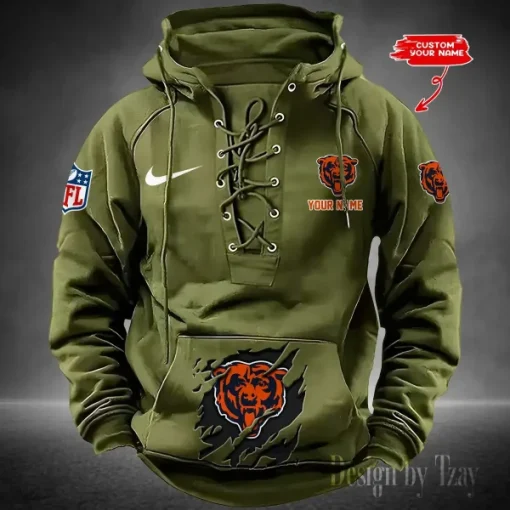 Chicago Bears Lace-Up Cross V-Neck Drawstring Hoodie - Image 4