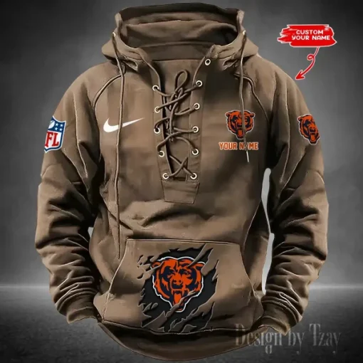 Chicago Bears Lace-Up Cross V-Neck Drawstring Hoodie - Image 5