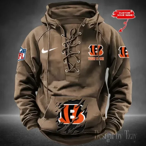 Cincinnati Bengals Lace-Up Cross V-Neck Drawstring Hoodie