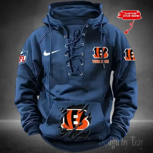 Cincinnati Bengals Lace-Up Cross V-Neck Drawstring Hoodie - Image 2