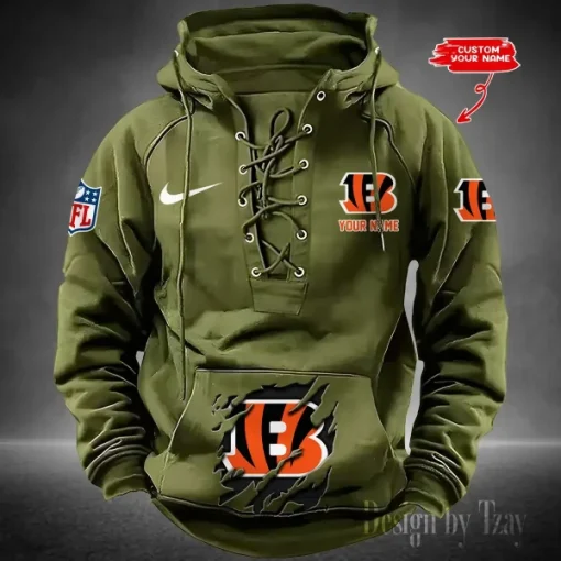 Cincinnati Bengals Lace-Up Cross V-Neck Drawstring Hoodie - Image 3