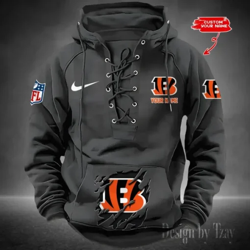 Cincinnati Bengals Lace-Up Cross V-Neck Drawstring Hoodie - Image 4