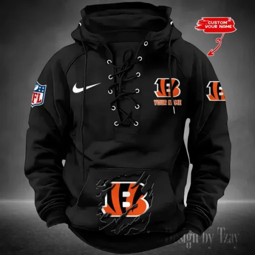 Cincinnati Bengals Lace-Up Cross V-Neck Drawstring Hoodie - Image 5