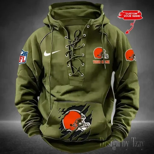 Cleveland Browns Lace-Up Cross V-Neck Drawstring Hoodie - Image 2