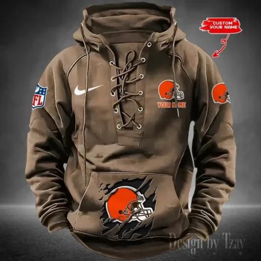 Cleveland Browns Lace-Up Cross V-Neck Drawstring Hoodie - Image 3
